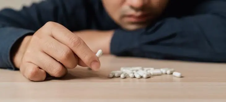 Person holding a pill near scattered tablets, illustrating warning signs of fentanyl use and substance abuse