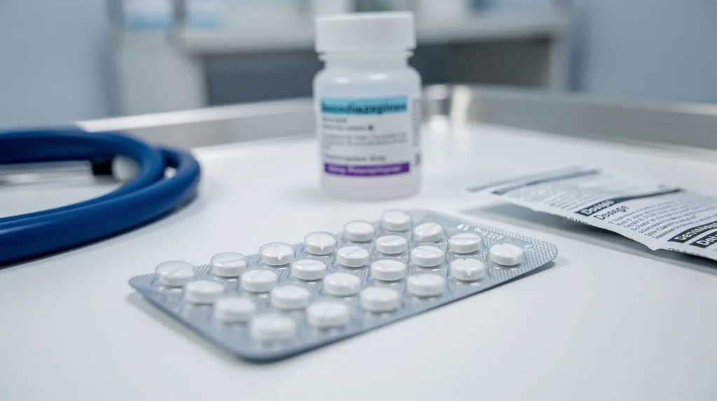 The image depicts various prescription medications, including benzodiazepines, commonly used to treat anxiety and anxiety disorders. These medications can help manage anxiety symptoms, but they also come with risks such as addiction and adverse effects.