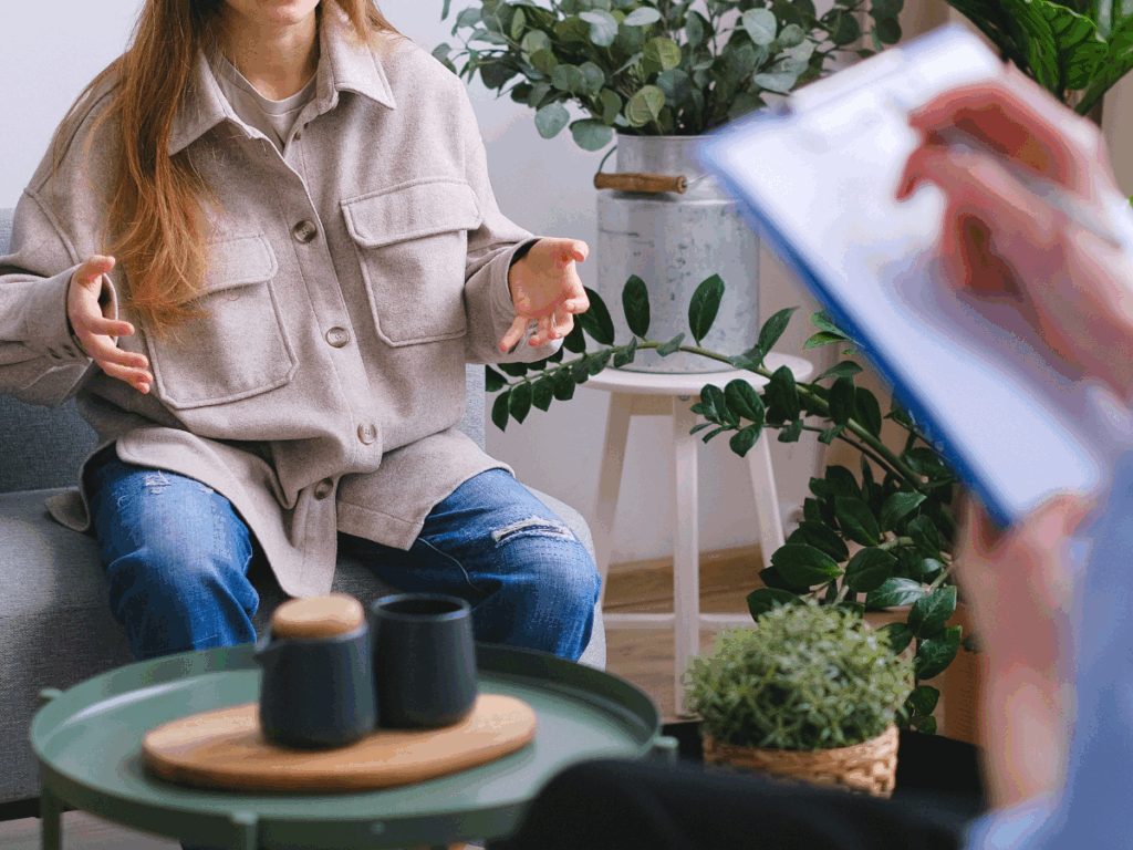 Patient participating in a Dialectical Behavior Therapy (DBT) counseling session with a therapist for addiction and mental health treatment.