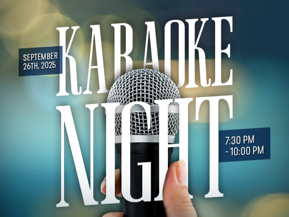 Flyer for Alumni Karaoke Night hosted by Legacy Healing Center. Features a microphone with glowing lights and details: Friday, September 26, 2025, 7:30–10:00 PM in Parsippany, NJ. RSVP with Dennis or Isabella.