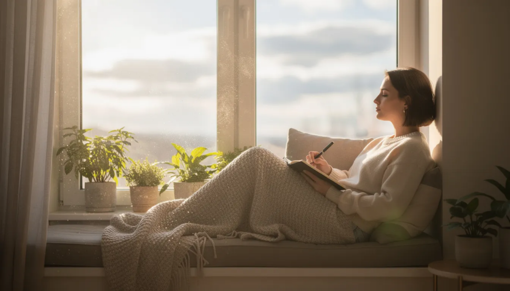 A person sits peacefully by a window, journaling in the soft morning light, symbolizing self-reflection and new beginnings on their journey to overcome codependent behaviors and develop self-awareness. This serene scene highlights the importance of self-care and emotional well-being in breaking free from unhealthy relationship patterns.