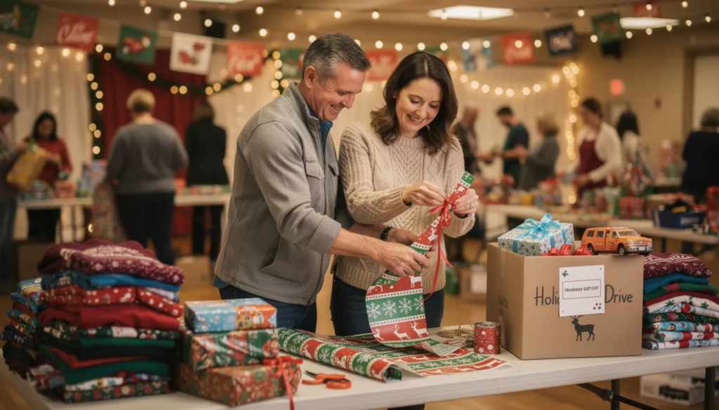 A couple is joyfully volunteering together at a holiday charity event, carefully wrapping gifts for families in need. This heartwarming scene showcases a meaningful way to spend quality time, creating memories while engaging in a sober activity that fosters deeper connections.
