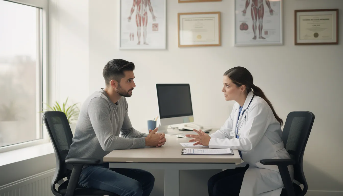 A person is engaged in a thoughtful conversation with a medical professional in a clinical office, discussing topics related to opioid addiction and the withdrawal process, including suboxone detox withdrawal symptoms and treatment options for substance use disorder. The setting conveys a supportive environment for addressing addiction treatment and recovery.