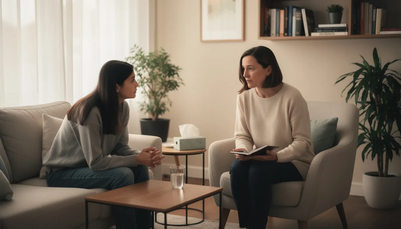 Therapist and Client in Trauma Therapy Session An individual is having a supportive conversation with a therapist in a warm, inviting office, focusing on their healing journey from past trauma and discussing coping strategies for managing trauma-related symptoms. The scene emphasizes the importance of trauma-informed care and the therapeutic process in addressing mental health conditions.
