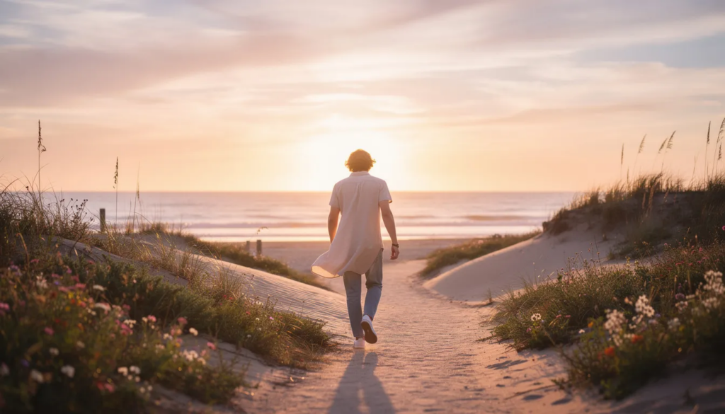 A person walks along a serene beach path at sunrise, symbolizing hope and the start of a recovery journey from mental health challenges such as bipolar disorder and alcohol use disorder. The tranquil setting reflects the potential for healing and the importance of addressing mood symptoms and substance use in the pursuit of wellness.