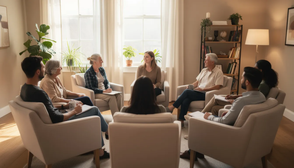 A diverse group of participants engages in a group therapy session in a comfortable, well-lit room, focusing on recovery from substance use disorders. The atmosphere fosters peer support and open discussion, essential elements in drug addiction treatment and ongoing therapy.