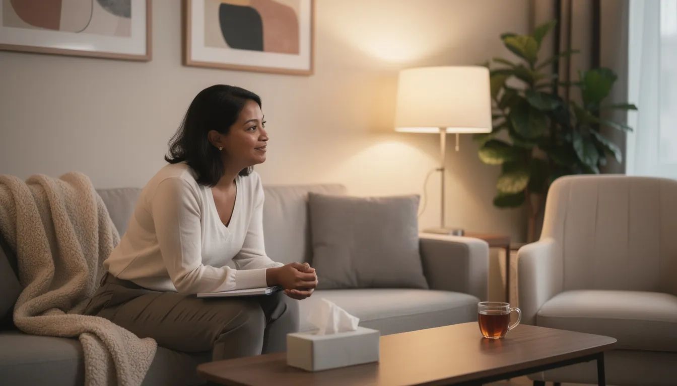 The image depicts a warm and caring interaction between a counselor and a client in a comfortable treatment center, highlighting the supportive atmosphere essential for mental health treatment and addiction recovery. This scene emphasizes the importance of individual and group counseling in long term rehab programs, fostering a sense of trust and understanding in the recovery journey and determining the right level of care when answering the question how long is long term rehab.