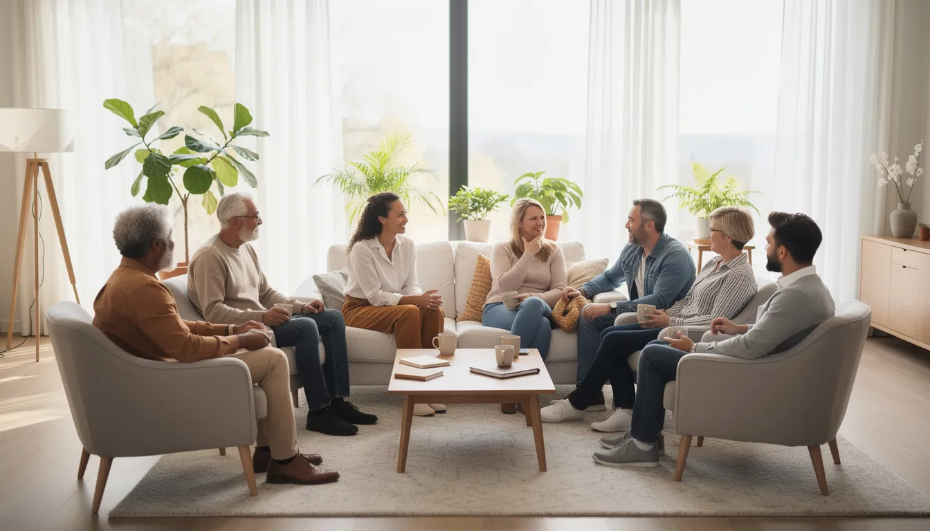 Supportive Group Therapy Session in Luxury Addiction Treatment Program A group of adults is seated in comfortable chairs, engaged in a supportive conversation in a bright living room filled with natural light from large windows. This setting reflects a welcoming atmosphere often found in outpatient treatment programs, where individuals can discuss their recovery journey and share experiences related to substance use disorder and addiction treatment.