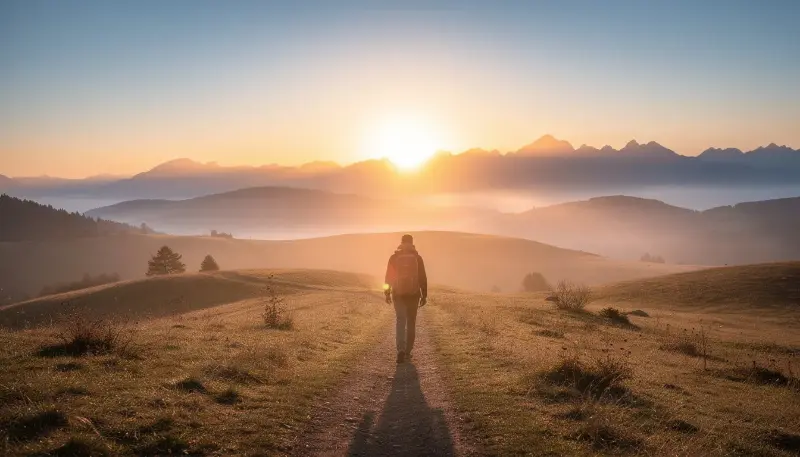 A person walks along a path towards a bright sunrise, with majestic mountains in the background, symbolizing hope and new beginnings. This image reflects the journey of overcoming challenges related to opioid addiction and the pursuit of recovery and healing.