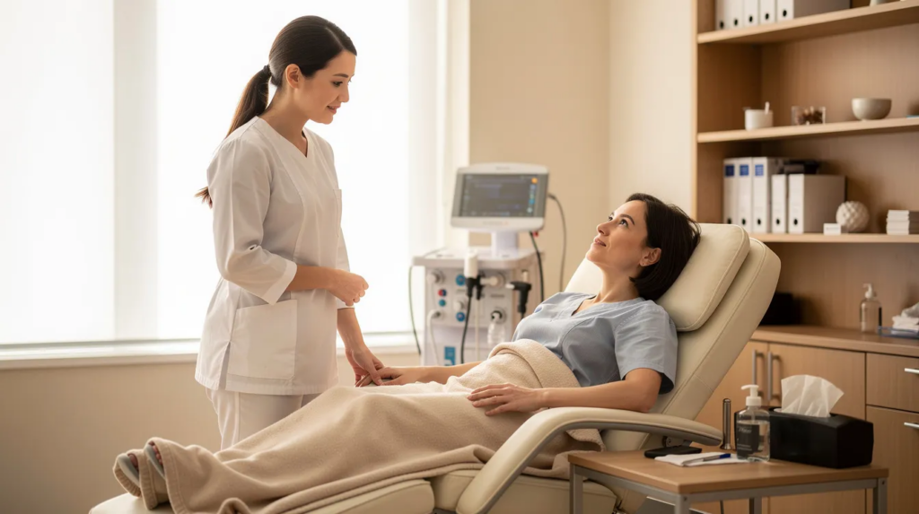 The image depicts a person comfortably seated in a clinical setting, receiving supportive care under professional supervision. This environment is designed to help manage opioid withdrawal symptoms, providing medical support to alleviate physical and psychological symptoms associated with opioid dependence.