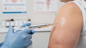 The image depicts a vial of naltrexone injection, a medication used to treat opioid and alcohol addiction by blocking opioid receptors and reducing cravings. This injectable form, often referred to as Vivitrol, is administered monthly and is a key component in medication-assisted treatment for substance use disorders.