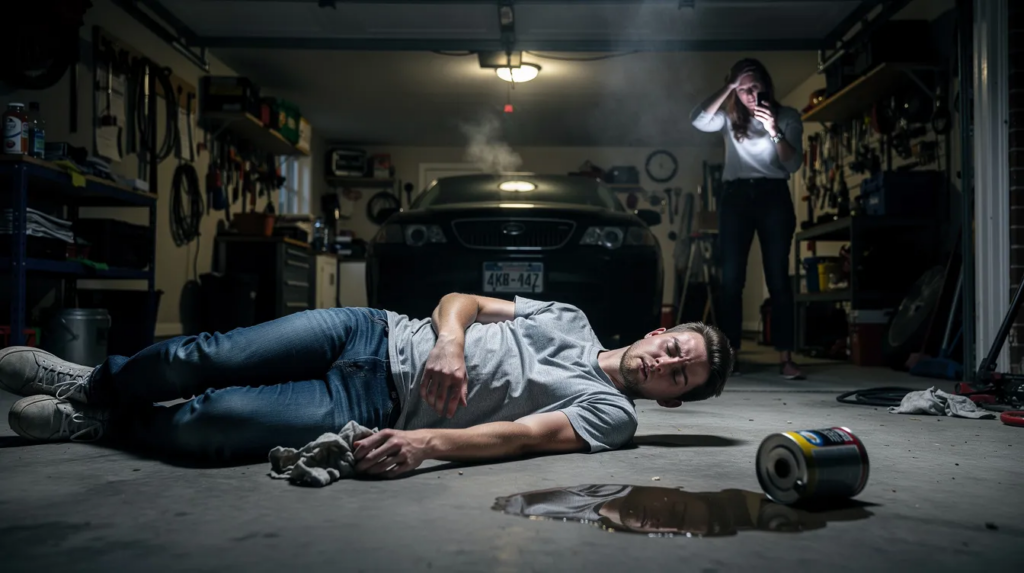 The image depicts a 20-year-old adult who has passed out in a garage, with a can of inhalants on the floor and a rag in his hand, while a parent in the background urgently calls for an ambulance due to the medical emergency caused by inhalant abuse, leading to respiratory arrest and the risk of sudden sniffing death syndrome. The scene highlights the dangers of volatile substance abuse and the serious health problems associated with huffing chemicals.