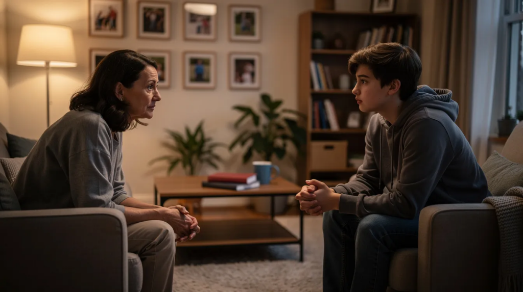 The image depicts a parent engaging in a caring conversation with a teenager in a cozy living room, emphasizing the importance of discussing substance abuse, including inhalant use and its harmful effects on the central nervous system. The warm atmosphere highlights the supportive relationship as they address serious topics like huffing inhalants and the risks associated with drug use.