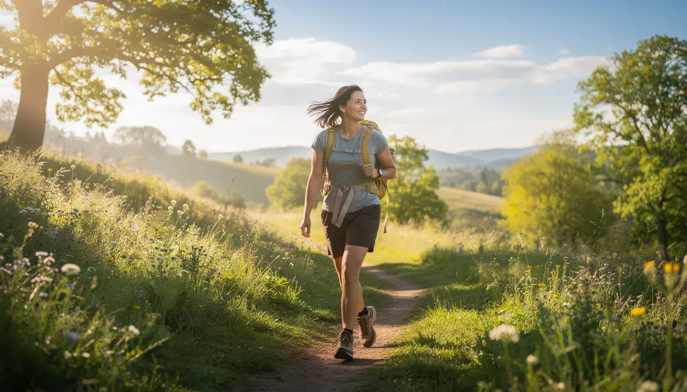 A person is hiking in a lush green landscape on a sunny morning, exuding a sense of peace and health. Engaging in nature can be a great way to manage stress and support recovery from alcohol use disorder and other mental health issues.