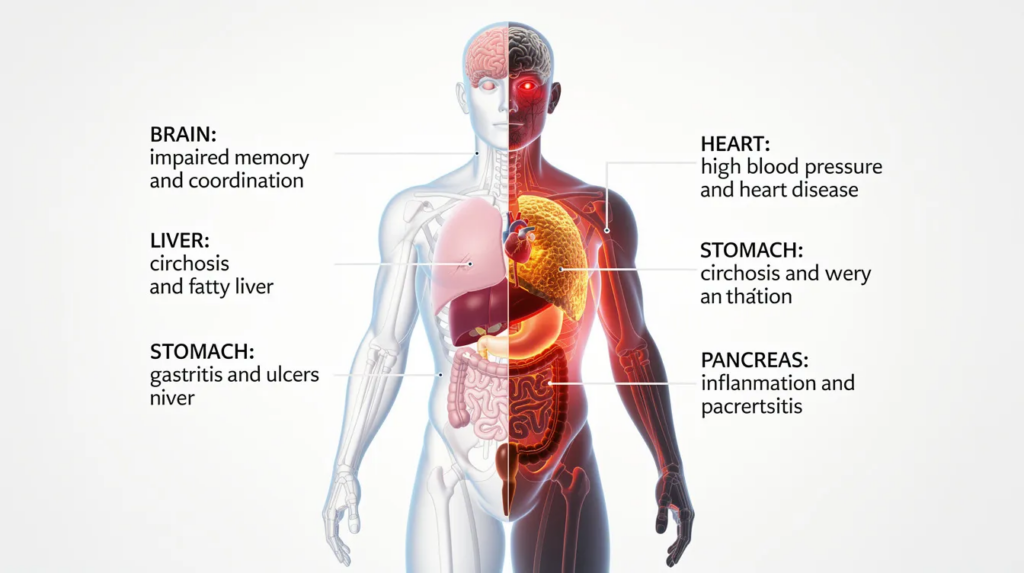 The image depicts the effects of alcohol on the brain and body, showcasing various health issues associated with excessive drinking, such as liver damage and impaired brain function. It illustrates the impact of alcohol consumption on mental health, highlighting risks like memory loss and increased blood pressure, emphasizing the long-term health risks related to alcohol dependence and misuse.