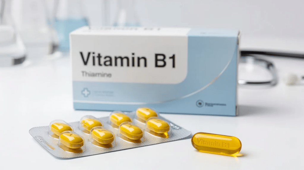 The image depicts a representation of Vitamin B1 (thiamine), highlighting its crucial role in brain function and the body's ability to absorb vitamins. It emphasizes the risks associated with thiamine deficiency, particularly in individuals with alcohol use disorder, which can lead to serious conditions like Wernicke-Korsakoff syndrome, characterized by symptoms such as confusion, memory loss, and coordination difficulties.