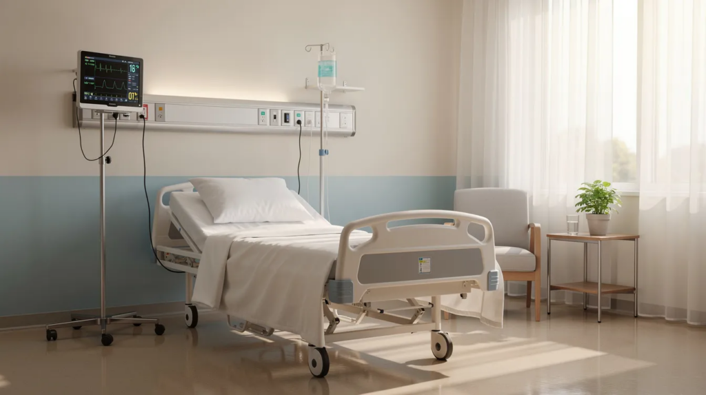 The image depicts a serene hospital room filled with natural light, featuring medical monitoring equipment that suggests a focus on patient care. This peaceful environment may be a setting for individuals facing serious health consequences related to alcohol use disorder or prolonged alcohol misuse.