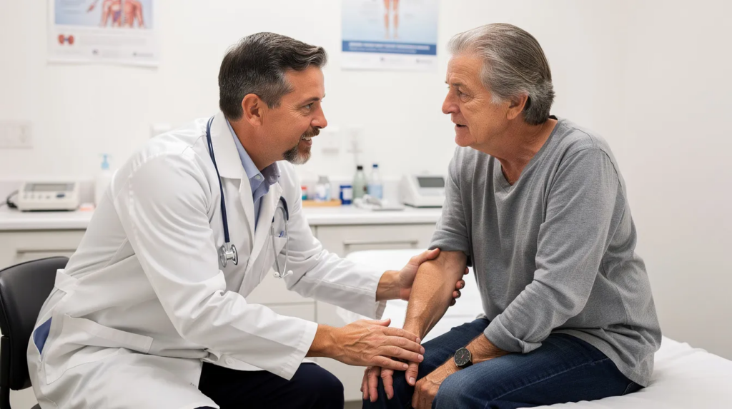 A medical professional is engaged in a compassionate conversation with a middle-aged patient in a clinical setting, addressing the serious health consequences of alcohol use disorder, including the risk of liver disease and the need for possible medical intervention. The atmosphere is supportive, emphasizing the importance of early intervention and treatment options for alcohol dependency.