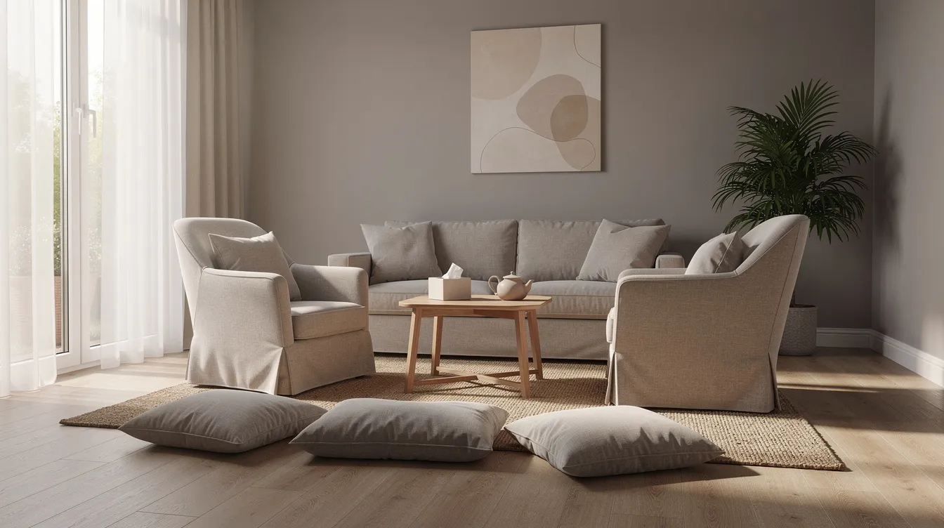 The image depicts a serene meditation room bathed in natural light, featuring comfortable seating arrangements ideal for therapy sessions. This calming environment is designed to support individuals in their journey to treat opioid addiction and manage anxiety symptoms through individualized treatment plans and understanding the risks of xanax and suboxone.