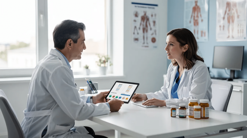 Two healthcare professionals reviewing ADHD medication options and discussing Adderall alternatives in a medical office.