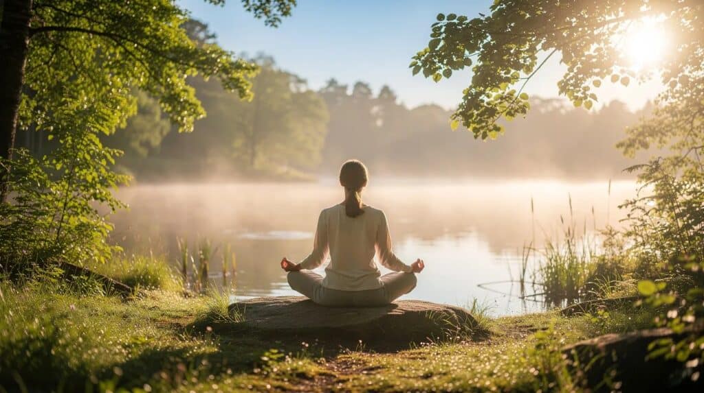 Person practicing mindfulness meditation by a peaceful lakeside at sunrise to support focus, attention, and ADHD symptom management.