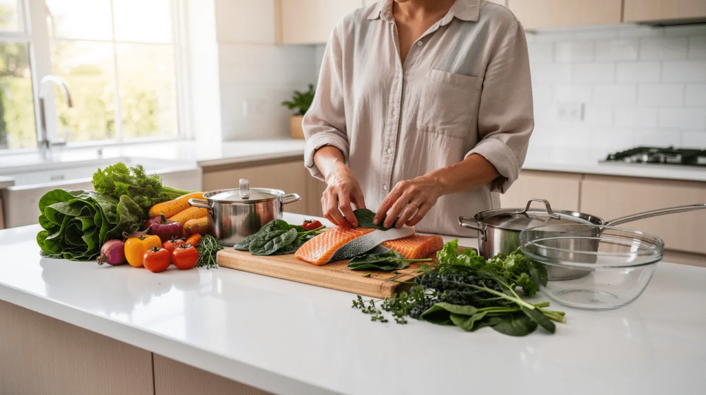 Person preparing a healthy meal with salmon, leafy greens, and vegetables to support ADHD symptom management through nutrition.