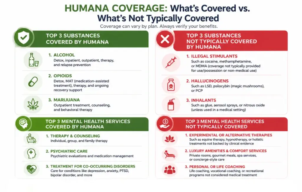 Humana insurance infographic showing covered addiction treatments including alcohol, opioid, and marijuana rehab services versus non-covered experimental and luxury services.