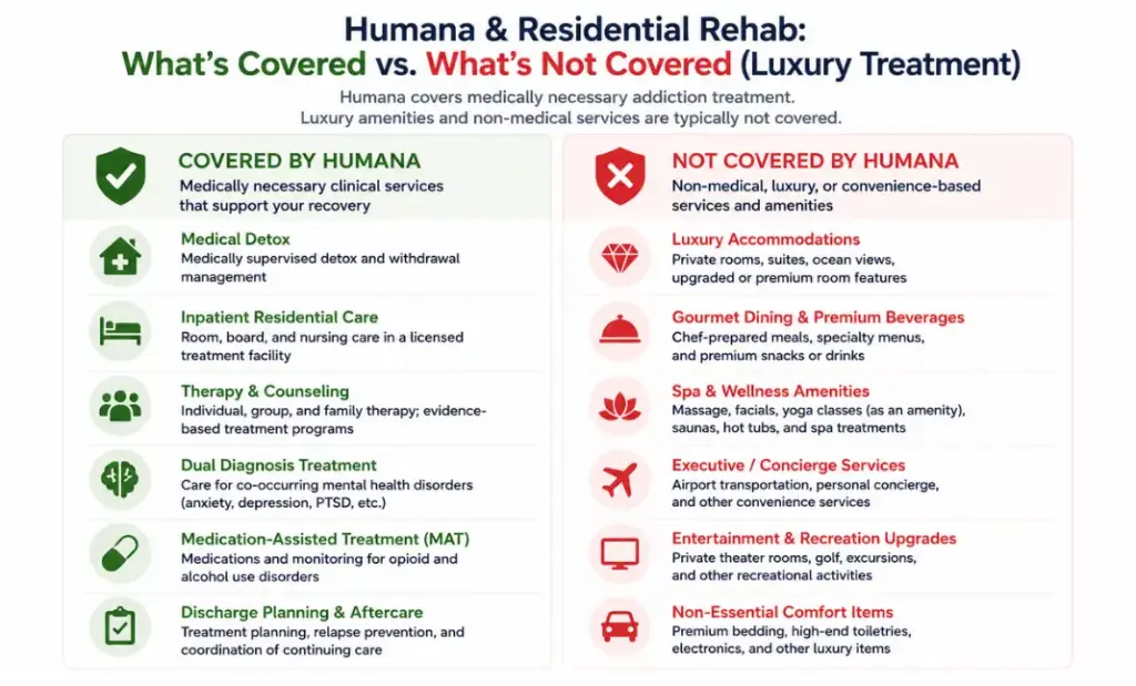 Humana insurance infographic showing covered residential rehab services like detox, therapy, MAT, and dual diagnosis care versus non-covered luxury rehab amenities.