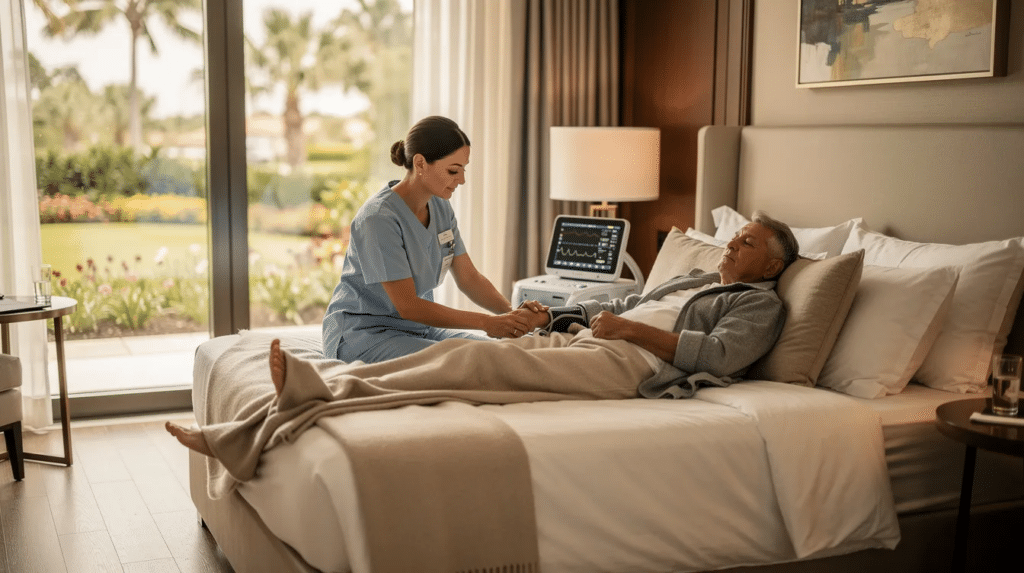 A medical professional is monitoring a patient in a luxury resort style residential setting, ensuring proper and comfortable luxury care during the withdrawal process from alcohol use. This observation is crucial for managing withdrawal symptoms and preventing severe complications like alcohol withdrawal seizures or delirium tremens.