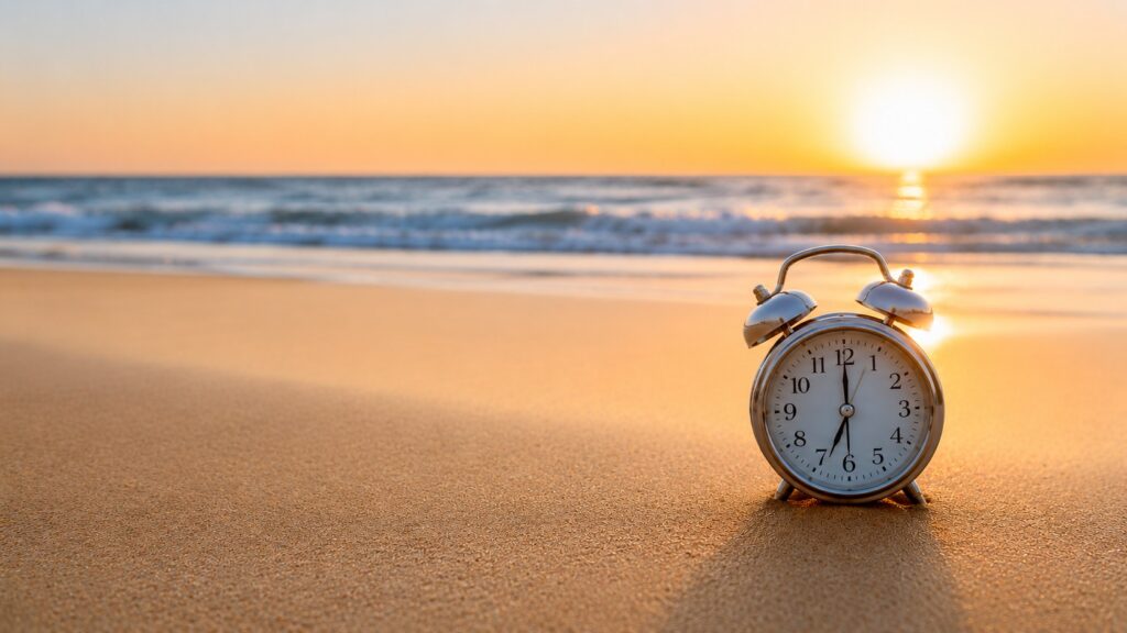 Alarm clock on a beach at sunset representing the timeline and duration of rehab for drug and alcohol addiction treatment.