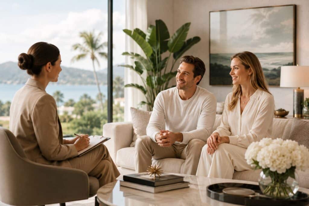 Therapist meeting with a couple during a 60-day rehab program for addiction recovery and behavioral health treatment