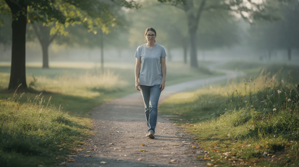 A calm person is walking along a quiet path surrounded by nature, symbolizing the early stages of addiction recovery. This serene scene reflects the importance of mental and physical health in overcoming addiction and managing withdrawal symptoms while fostering a sense of well-being.