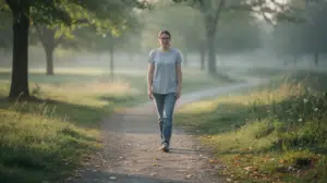 A calm person is walking along a quiet path surrounded by nature, symbolizing the early stages of addiction recovery. This serene scene reflects the importance of mental and physical health in overcoming addiction and managing withdrawal symptoms while fostering a sense of well-being.