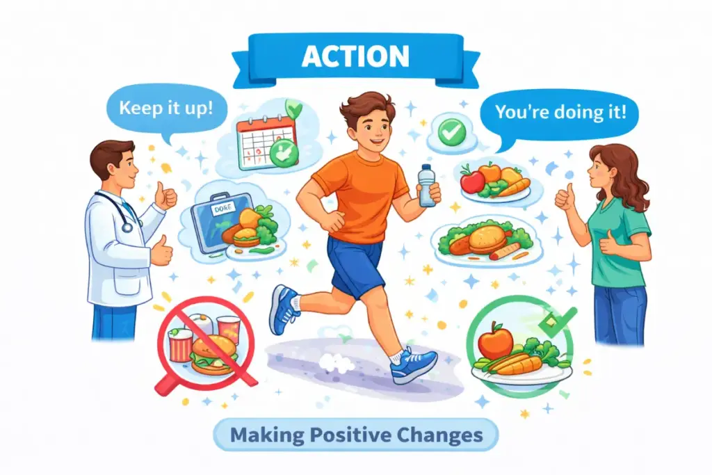 Illustration of the action stage of addiction recovery showing a person actively making healthy lifestyle changes and maintaining recovery goals