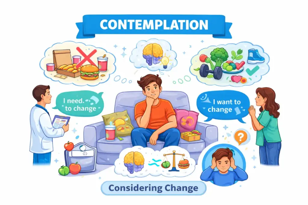 Illustration of the contemplation stage of addiction recovery showing a person weighing unhealthy habits against positive lifestyle changes and considering treatment
