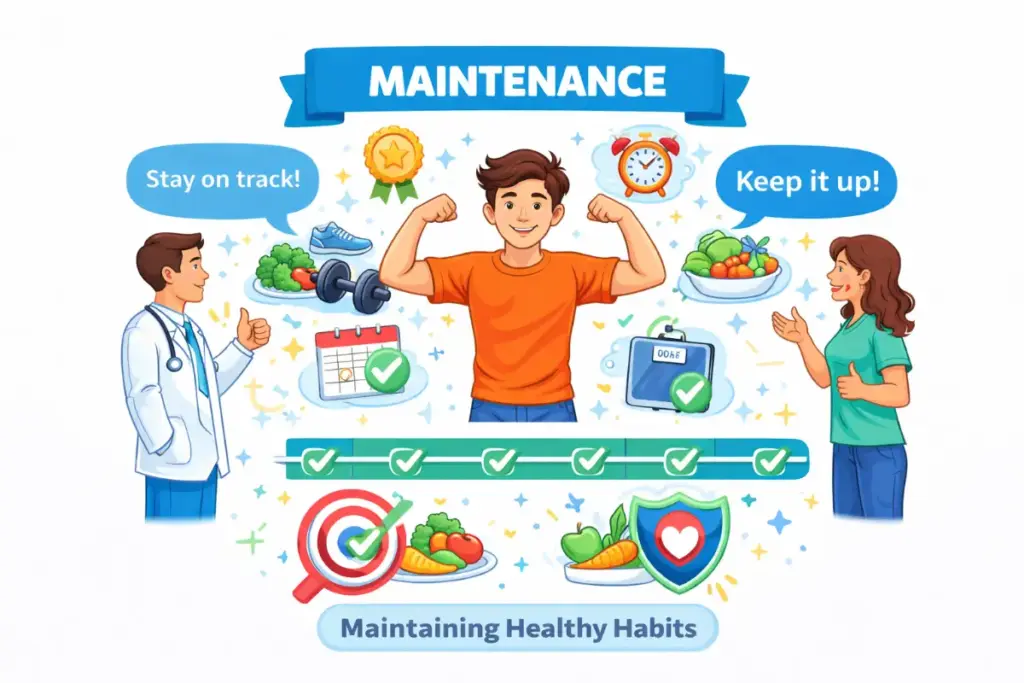 Illustration of the maintenance stage of addiction recovery showing a person sustaining healthy habits and long-term recovery goals