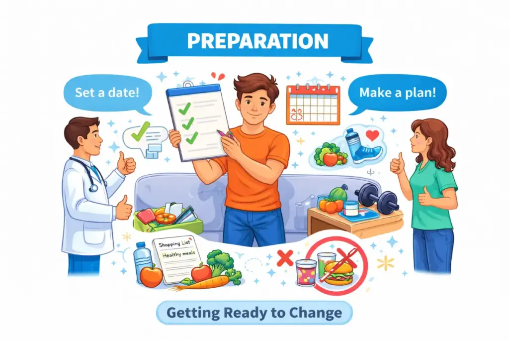 Illustration of the preparation stage of addiction recovery showing a person creating a plan, setting goals, and preparing for healthy lifestyle changes