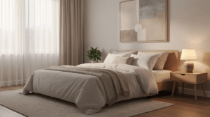 The image depicts a serene bedroom environment featuring calming decor, such as soft lighting, gentle colors, and cozy furnishings, creating a tranquil space that promotes relaxation and mental health. This peaceful setting may serve as a comforting retreat for individuals dealing with anxiety disorders or those undergoing treatment for benzodiazepine addiction.