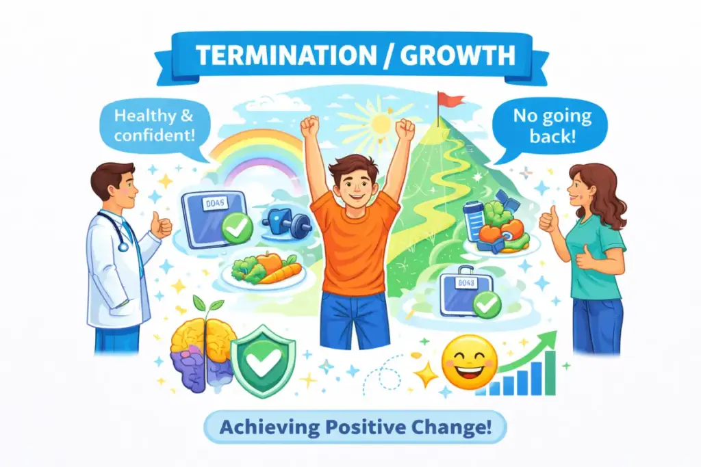 Illustration of the termination and growth stage of addiction recovery showing a person confidently maintaining sobriety and long-term healthy habits