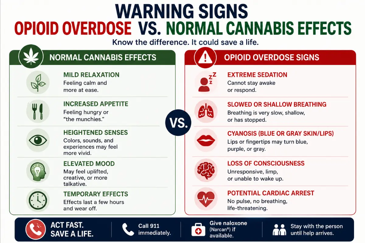 Infographic comparing normal cannabis effects with opioid overdose warning signs, including slowed breathing, loss of consciousness, and cyanosis.