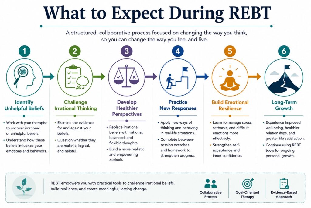 Infographic explaining what to expect during Rational Emotive Behavior Therapy (REBT), including identifying beliefs, challenging irrational thinking, and building emotional resilience